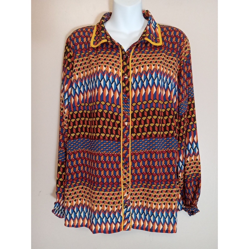 New York Collection Women Pattern Colorful Longsleeve Button Down Shirt Size PXL